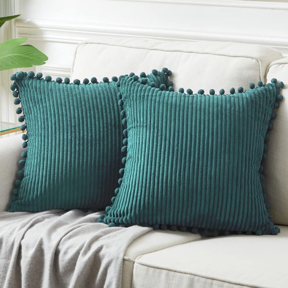 Turquoise Corduroy Luxury Velvet Pompom Dorm/Bed/Sofa/Patio Throw Pillow Covers